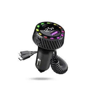 USB Car Charger Adapter with Voltage monitor, 4-in-1 Multi-Port Fast Car Charger 3.1A Fast Charging with Type C Coiled Cable for iPhone/Android/Samsung/iPad Pro and More