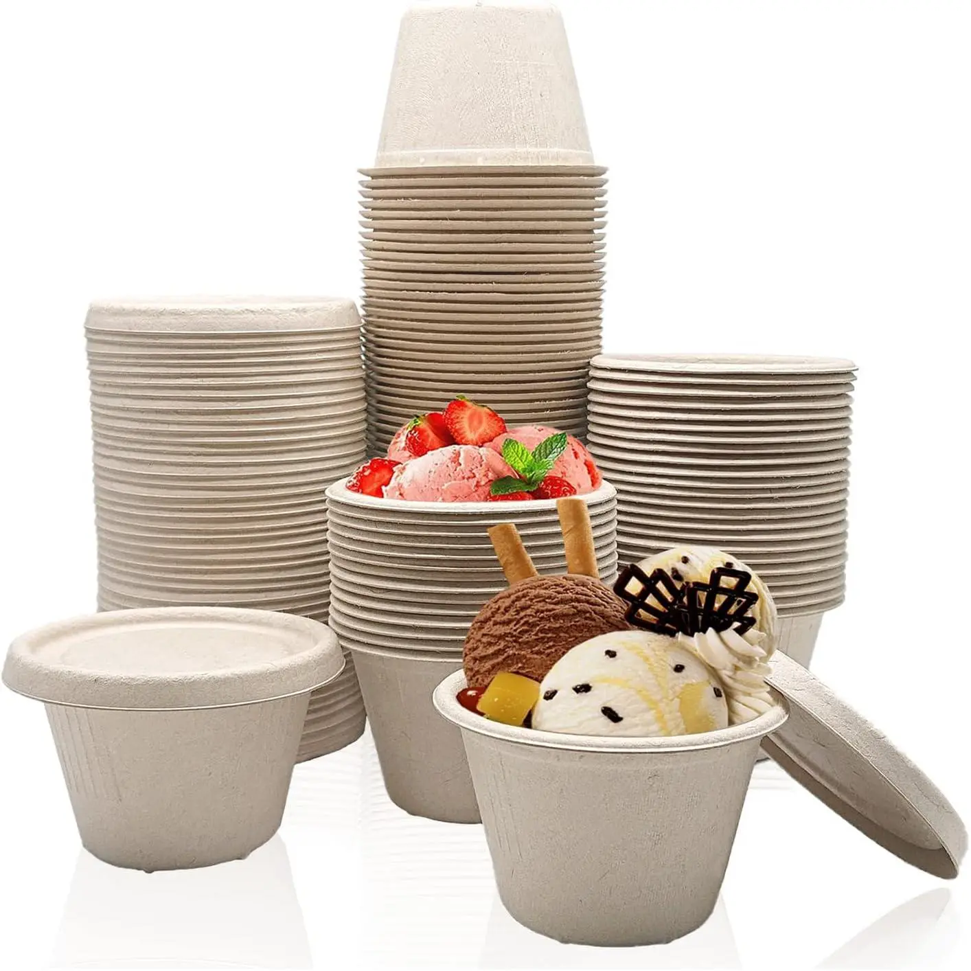 50 Pcs 4 Oz Bagasse Fiber Condiment Cups with Lids  Compostable Portion Disposable Souffle for Snack Dressing Food Storage