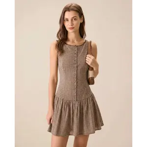 Brown Lace Plaid Mini Dress