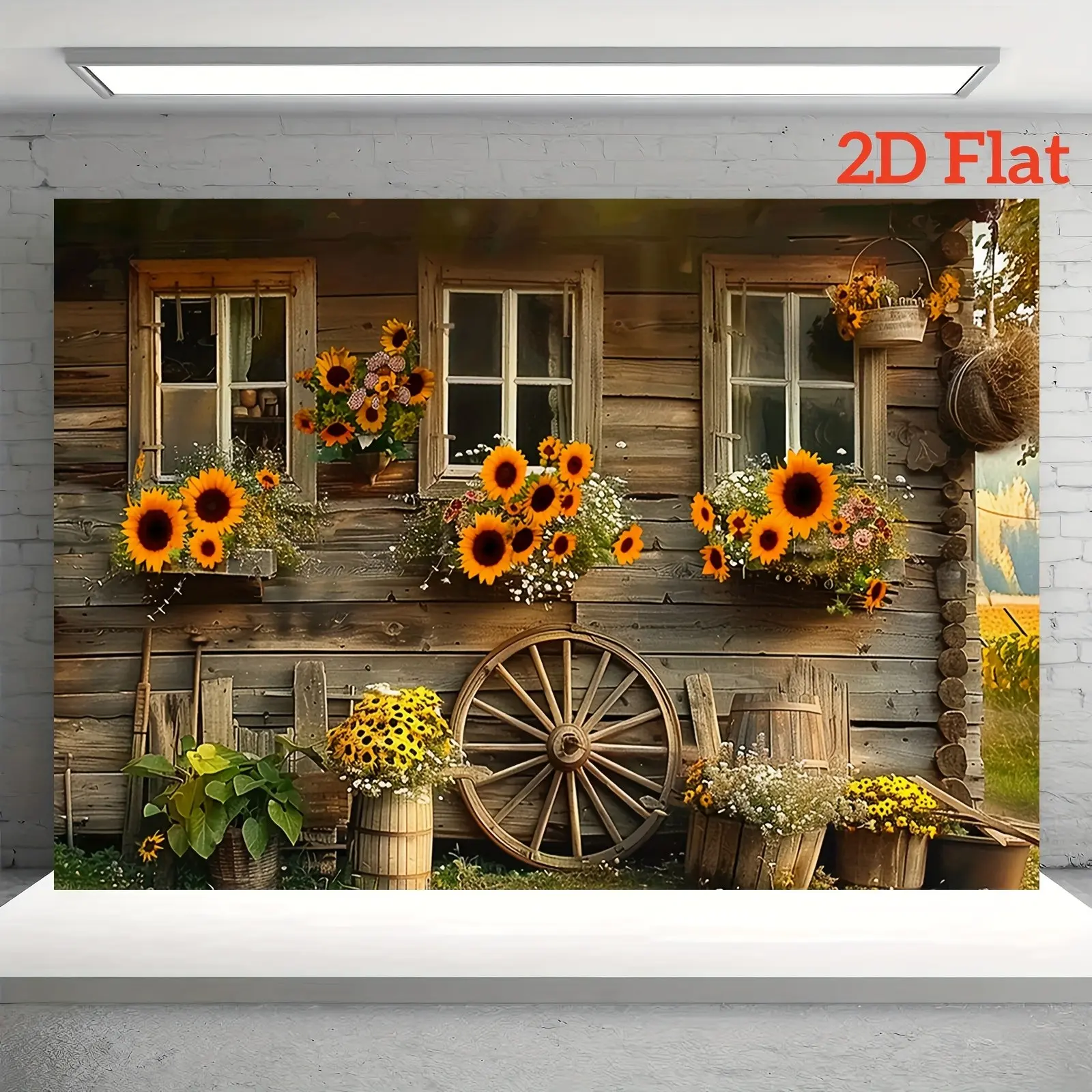 2D High-Definition Print Rural Cabin Sunflower Background Cloth, Polyester Retro Decor Banner for Farm Party, Outdoor Wedding, Photography Setup