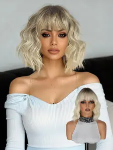 lehanhair 12 Inch Mixed Color Short Bob Wavy Wigs for Women, Gorgeous Fluffy Wigs with Bangs, Synthetic Full Machine Wigs for Party, Daily Use, Water Wave Wigs, Soft Wave Wig