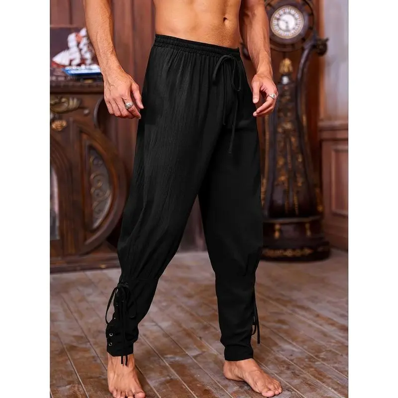 2025 Men's Medieval Ankle Viking Renaissance Navigation Casual Pants with Cone Belt and Straps Fashion Menswear