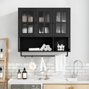 35.64*10.24*32.48 Inch Black Modern Wall Mounted Storage Cabinet, MDF Fluted Tempered Glass Wall Cabinet with Towel Rack Removable Shelf, 22LB Per Layer Multi-Grid Home Organizer Easy Assembly