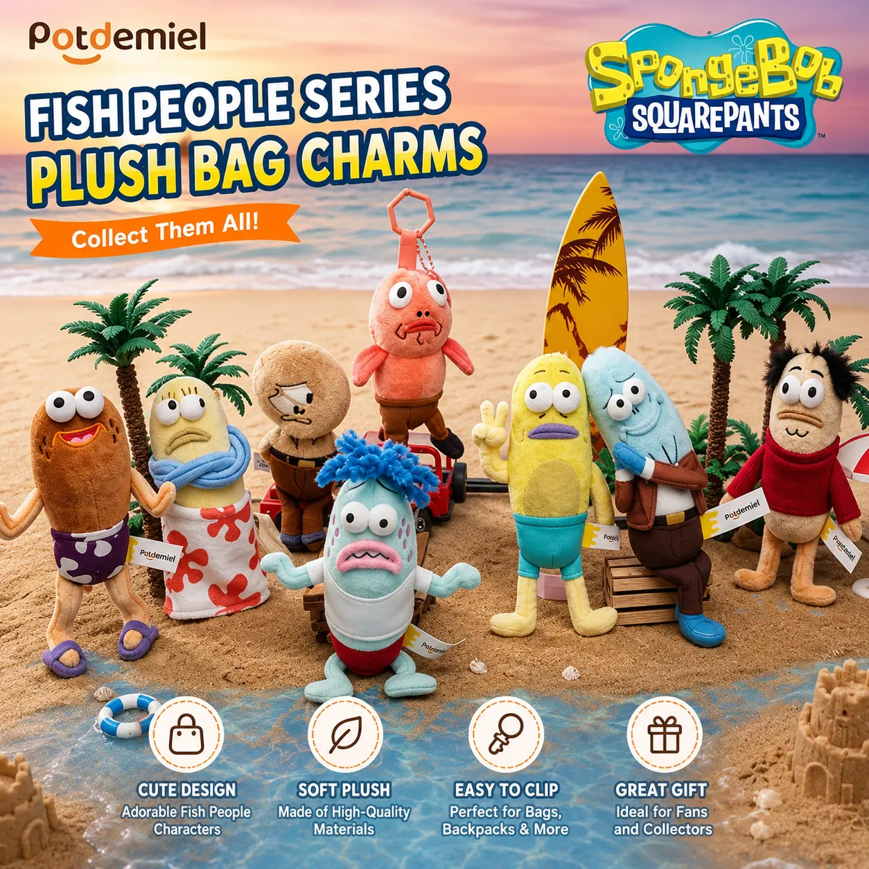 MINISO Official Licensed SpongeBob SquarePants Plush Passerby Fish Series Bag Charms, Cute Cartoon Background Fish Stuffed Pendant Keychain Collectible Decor Toy Gift for Kids & Fans