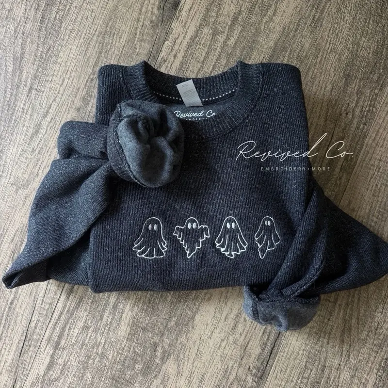 Embroidered Ghosts Halloween Sweater Nantucket Sweatshirt Cozy Fleece Unisex Crewneck
