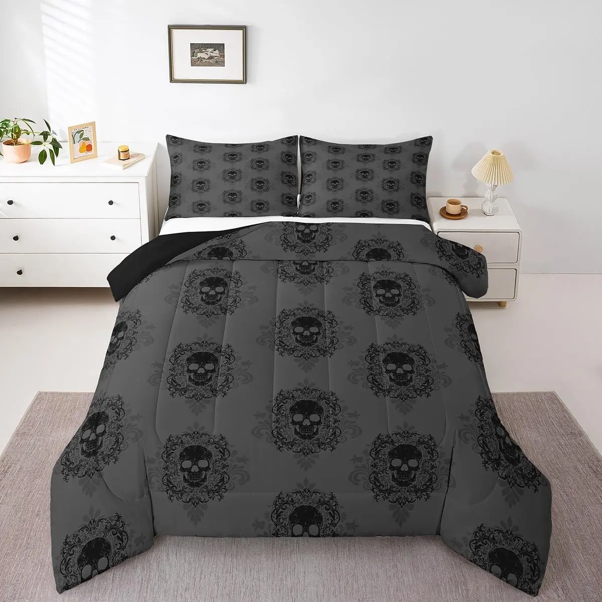 Feelyou Grey Black Damask Comforter Set - Sugar Skull Gothic Spooky Exotic Bedding Set with Skeleton Bones Quilt, Decorative Bedroom Duvet Insert for Teens, Bedroom Bedding Set, Decorative Bedding Set