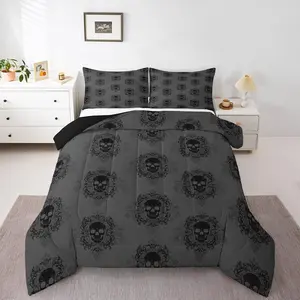 Feelyou Grey Black Damask Comforter Set - Sugar Skull Gothic Spooky Exotic Bedding Set with Skeleton Bones Quilt, Decorative Bedroom Duvet Insert for Teens, Bedroom Bedding Set, Decorative Bedding Set