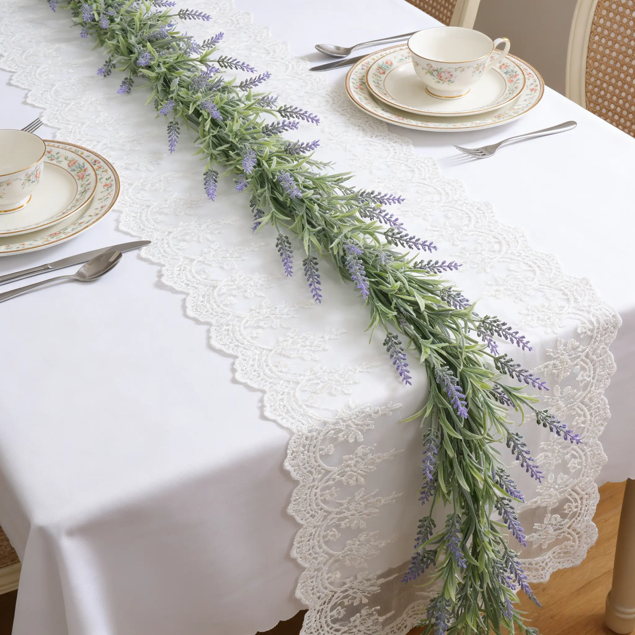 6Ft Spring Summer Garland for Mantle, Lavender Flower Garland for Home Decor, Purple Floral Garland for Wedding, Tea Party Decoration, Fake Plants Table Runner for Indoor and Outdoor