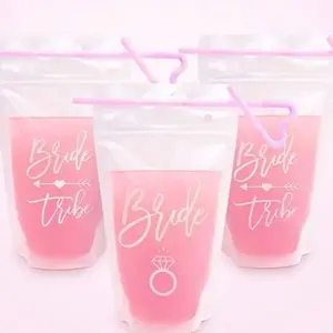 Custom Drink Pouches - Bachelorette Wine Pouches with Straws, Customizable Name & Titles, Pink Color, Ideal for Adults & Kids, Party Favor Gift