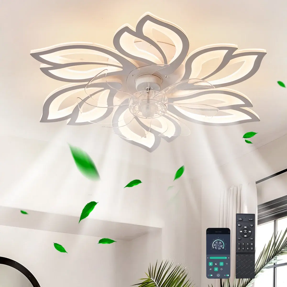 25-Inch Low Profile Flush Mount LED Ceiling Fan with Light, Flower Shape, Remote Control, 6 Wind Speeds, 3 Dimmable Colors, Contemporary Aesthetic Specialty & Decorative Adjustable Ceiling Lighting for Kitchen, Bedroom, Aesthetic Specialty & Decorative Li
