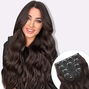 ALXNAN Clip in Hair Extension，6PCS Dark Brown Long Wavy Hair Extension 20 Inch Thick Soft Synthetic Hair Double Weft Hairpieces for Women