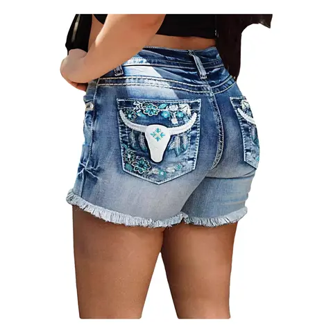 Women's Retro Streetwear Crop Denim Shorts - Low Rise Raw Edge Bull Embroidery Jeans, Above the Knee, 35% Polyester, Back Pocket, Casual Festival Womenswear Bottoms, Shorts for Women