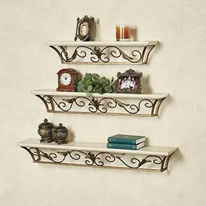 Delia Ivory Wooden and Gold Metal Fleur De Lis Wall Shelf