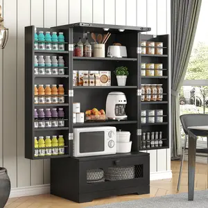Farmhouse Style Multifunctional Floor Pantry Cabinet - Fiberboard Construction, Adjustable Shelves, Drawer, Spacious Storage - Easily Assemble Buffet Sideboard for Kitchen, Dining Room