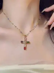 Women's Cross Crystal Necklace, Statement Religious Necklace, Unique Design Zirconia Pendant, Sparkling Rhodium Plated Chain Jewelry, Elegant Gift for Her