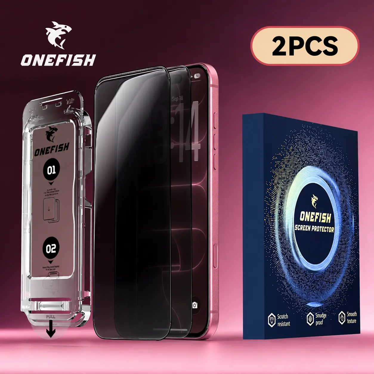 ONEFISH 2-Pack Tempered Glass Smartphone Screen Protector Cover for iPhone 13-18 Series, Privacy or HD Opaque Options, Scratch-Resistant, Dust-Free Applicator, Mobile Phone Protection Accessories