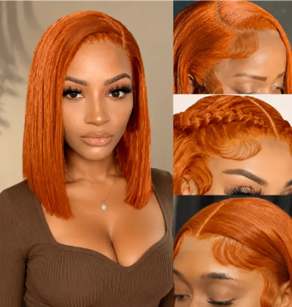 13×4 Glueless Short Bob Wig 350 Ginger Orange Lace Front Human Hair Wig for Women Colored Transparent Lace Frontal Wig Bob Wig Human Hair Pre-Plucked Natural-Looking Bob Style Real Human Hair Wig