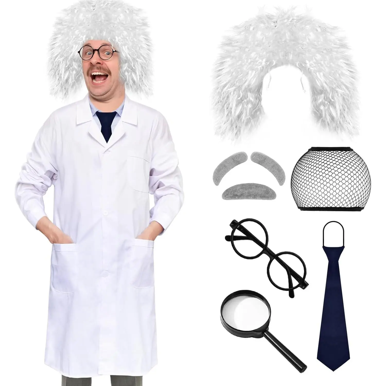 Men's Mad Scientist Lab Coat Set, 8-Count Modern Einstein Style Halloween Costume for Adults with Wild Wig, Adult Sizing