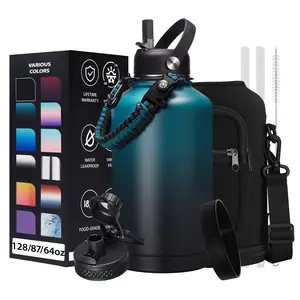 Half-gallon Insulated Water-Bottle with Straw - Stainless Steel Thermo Jug with Spout Straws Lids, Paracord Handle & Bottle Sleeve, 64OZ Vacuum Bottle for Outdoor Working Camping Trip