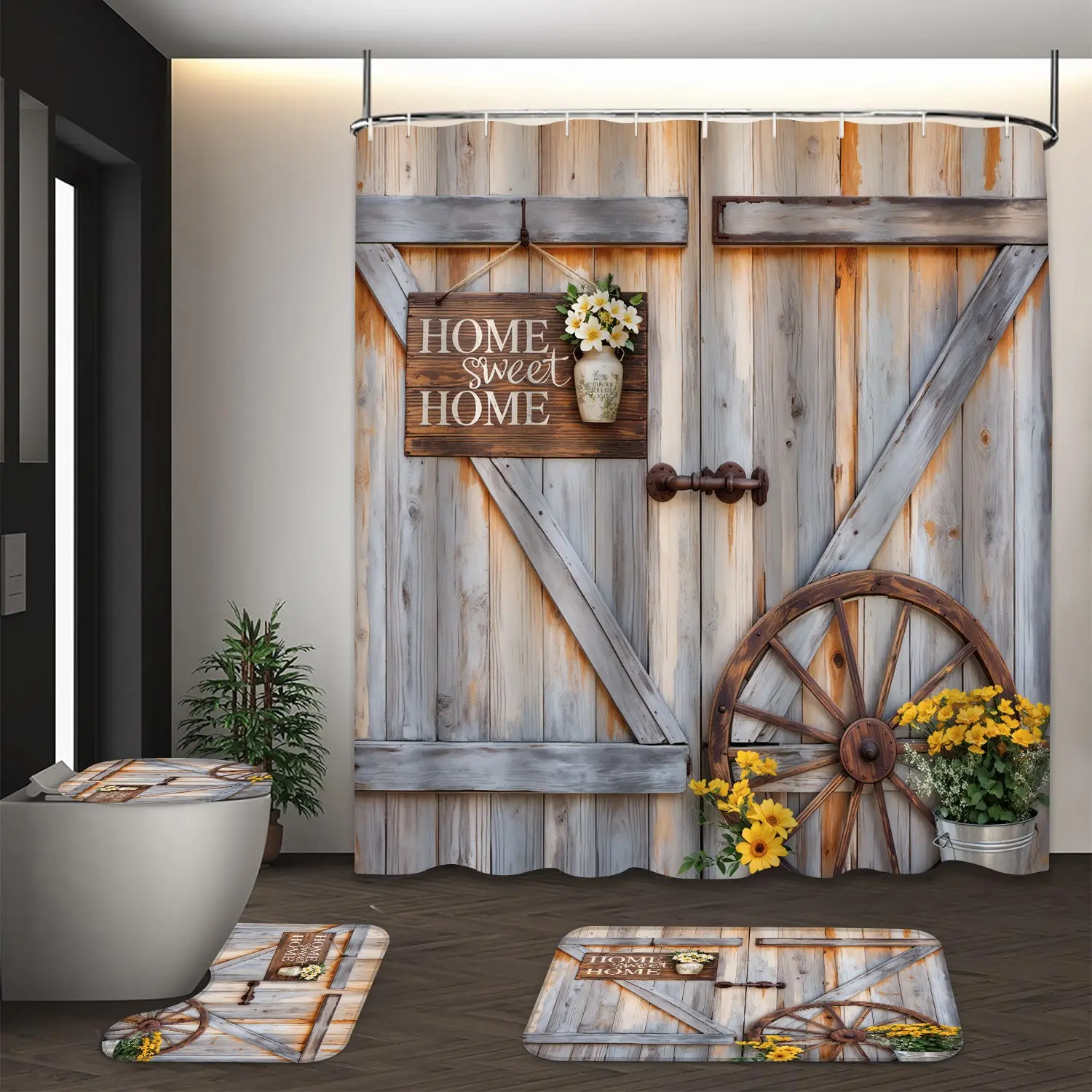 LVRLVR 4pcs Rustic Wooden Barn Door Home Sweet Home Farmhouse Bathroom Set with Bathroom Accessory, Shower Curtain, Bath Rugs and Hooks - 70.8"×70.8" (180×180cm) Shower Curtain Sets