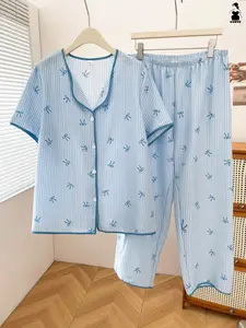 Women's Plus Size Sleepwear Set, Womenswear, Pajama Set, Short Sleeve Top and Long Pants, Blue Striped with Small Bowknot Print, Casual Loose Fit, Homewear, All Seasons