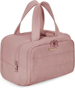 Travel Toiletry Bag, Lightweight Large Wide-open Travel Bag for Women, Puffy Cosmetic Makeup Bag Organizer with Handle for Accessories,Essentials, Toiletries, Dark Pink