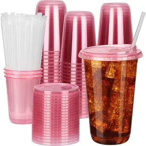 50 Sets Clear Plastic Cups with Lids and Straws, 16 oz Disposable PET Cups for Iced Coffee, Smoothies, Cold Drinks, Juice, Party, Coffee (50, Pink (16 oz))