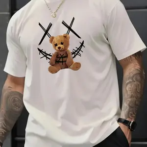 Men's Fashion Trend Pure Cotton Round Neck Casual T-Shirt Featuring a Playful Printed Bear Design for Modern Casual Wear