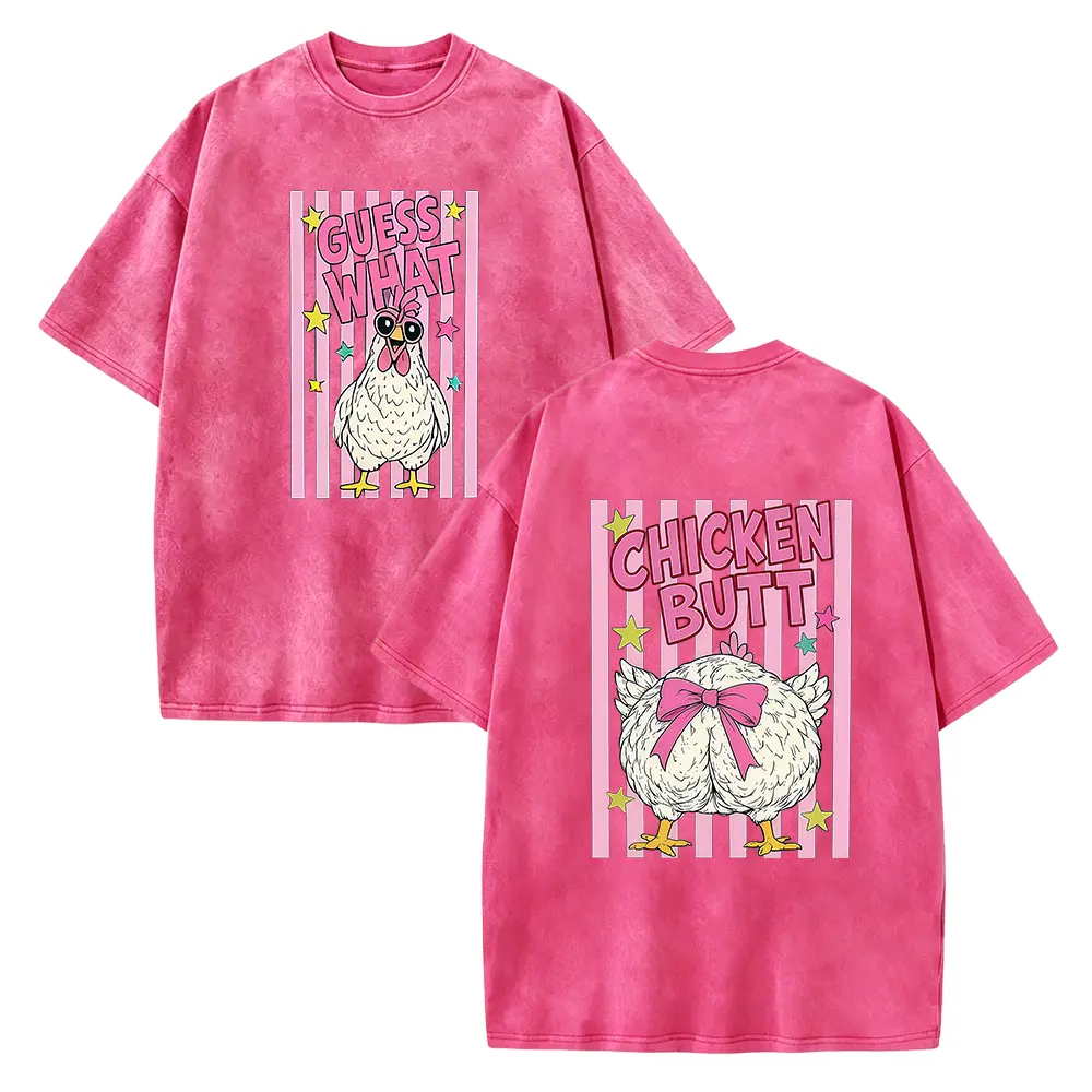 Women's Funny Chicken Butt Print T-Shirt - Washed Short Sleeve Round Neck Top with Chicken Thumbs Suitable for Casual Attire, Fishing, Vacation & Outfits | Machine Washable Casual Style Tee