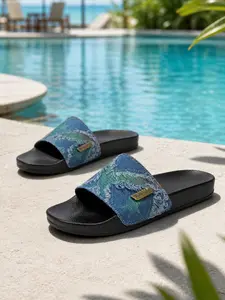 Casual Denim One-Strap Slippers, All over Print Design, PVC Sole, Less Than Ankle Height, Comfortable Footwear for Daily Use