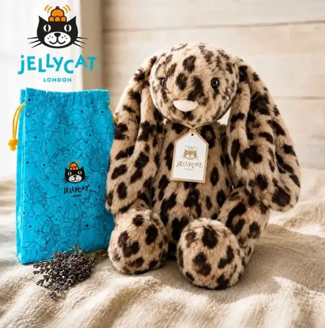 Jellycat Cobblehop Bunny Exclusive Plush Toy with Drawstring Gift Bag – Leopard-Print Long-Ear Stuffed Animal Gift for Birthdays and Collectors
