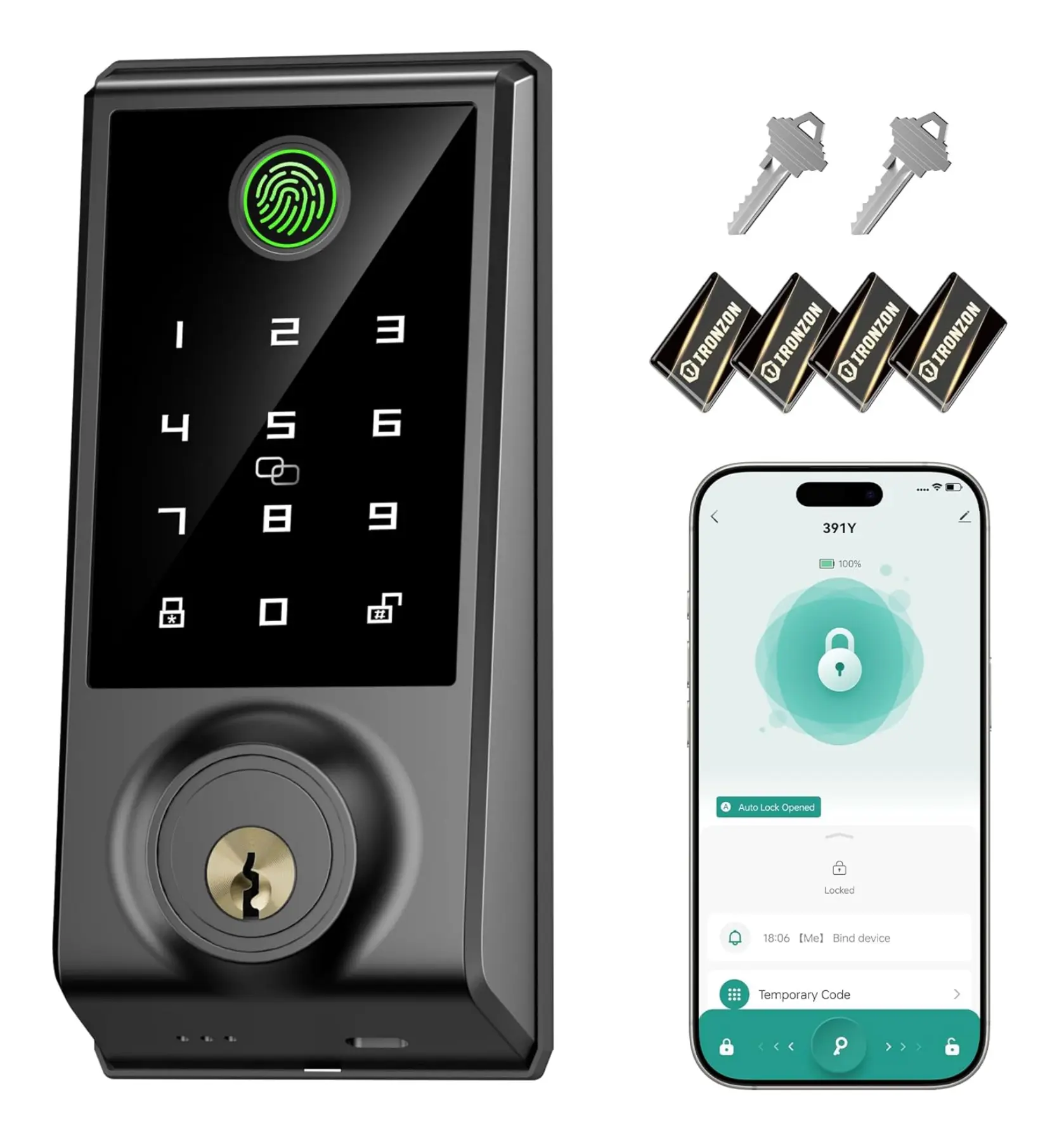 Touch Sensor Smart Deadbolt, 5‑in‑1 Keyless Entry (Fingerprint, Passcode Keypad, App Control, IC Card, Physical Backup Key), Auto‑Lock, Permanent & Temporary Access Codes for US Front Door, Bedroom & Garage‑IRONZON