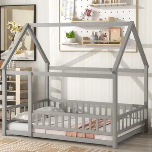 [Bellemave]Full Size House Floor Wooden Bed with Roof Frame, Safety Guardrails