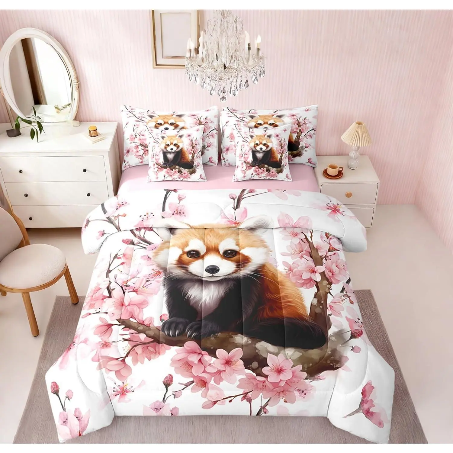 Red Panda Bed Set,in a Bag 7 Pcs,Pink Cherry Blossom Japanese Romantic Flowers Bedding Set,Jungle Kawaii Wild Animal Cartoon Comforter with Fitted,Flat Sheet,Pillowcase,Pillow Covers
