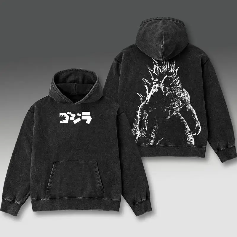 Godzilla Japanese Streetwear Acid Wash Hoodie - Premium Cotton Graphic Oversized Sweatshirt - Vintage Kaiju Apparel for Men & Women - High-Quality Monster Print Gift - Soft Breathable Fabric