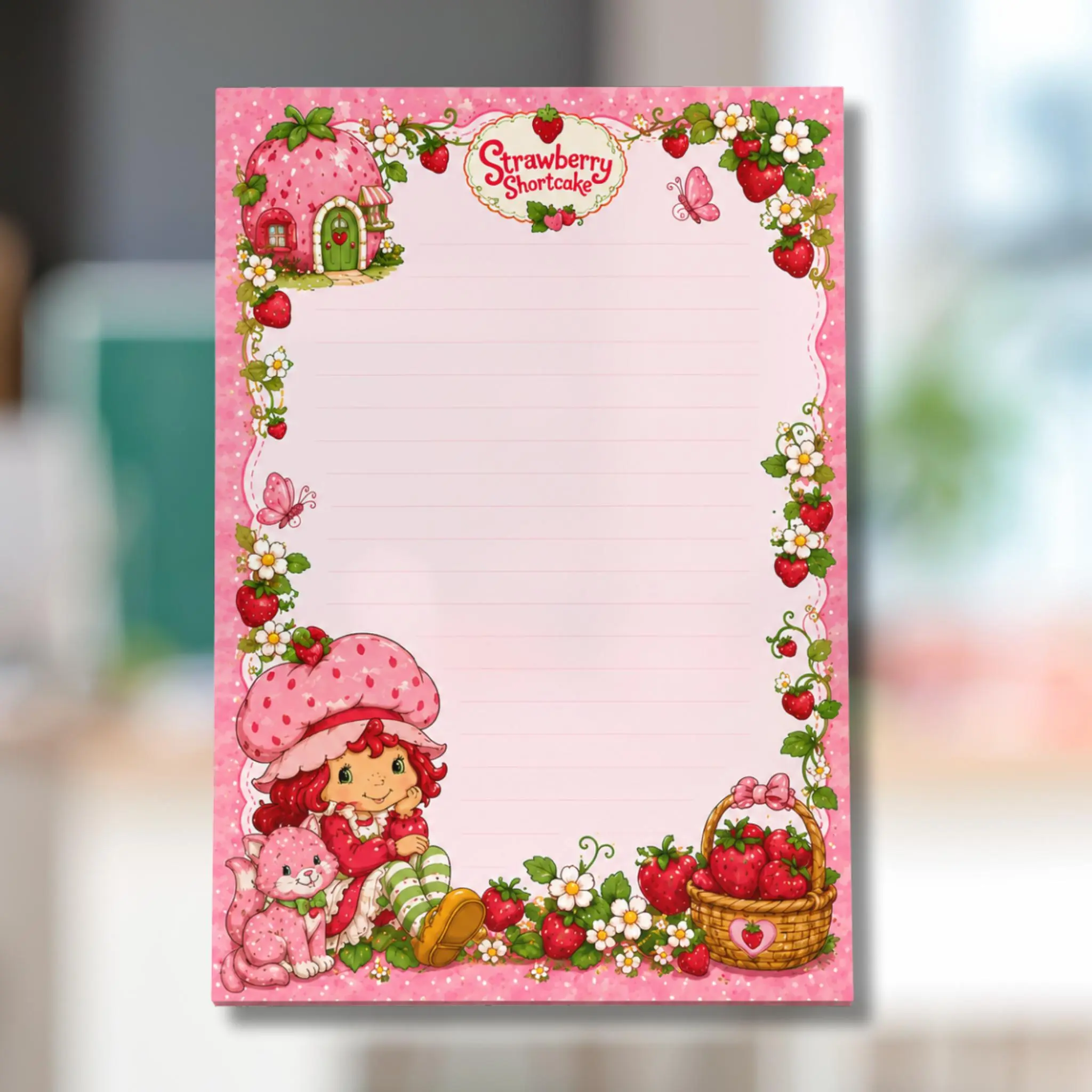 Kawaii Cute Theme Strawberry Shortcake Inspired 4x6 In Notepad, 40 Sheets, Office Desk Accessory, Personal Organiser Stationery Gift Idea