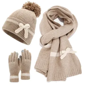 3 Pcs Set Women's Winter Knitted Hat with Scarf Gloves  Fur Ball Bow Ribbed Thick Warm Knitted Suit Winter Accessories