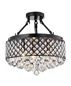 LED-MATE Antique Black Glam Semi-Flush Mount Ceiling Light with Beaded Crystal Drum Shade 4-Light Chandelier for Dining Room or Bedroom