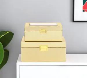 360 Stand 2-Piece Decorative Geometric Rectangle Jewelry Box Set - Gold Faux Leather, Mirrored Top, Hinged Lid, Modern Glass, Vinyl-Wood-Metal Home Organizer Storage Bins, Ideal Gift for Home Organization