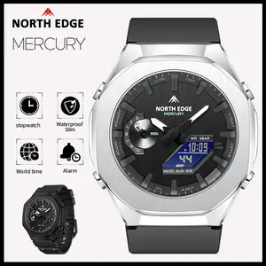 NORTH EDGE Mercury New Stopwatch Waterproof 50M Sports Men Watch with World Time LED Quartz Wristwatches for Men dual display
