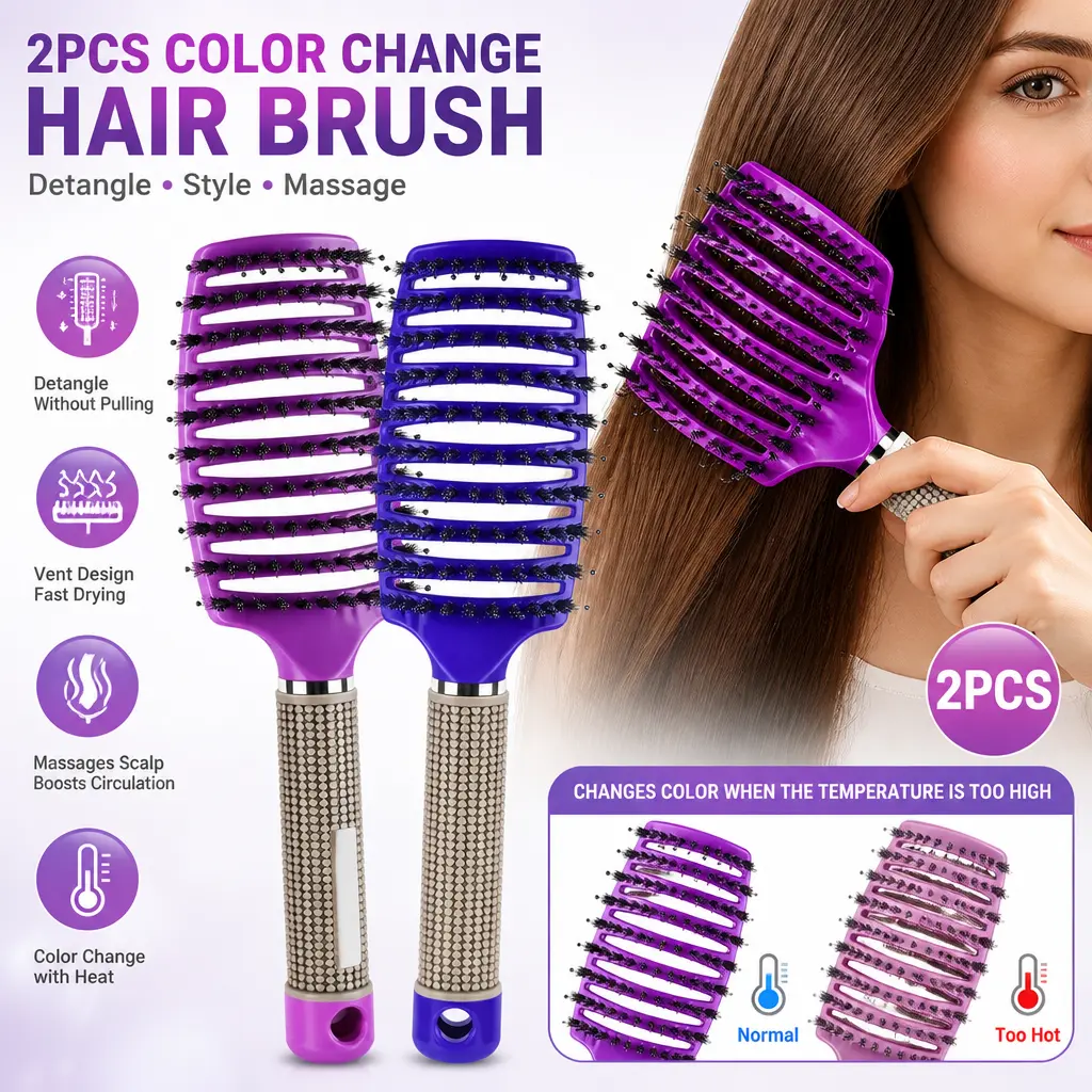 Women's 2-Piece Detangling Brush Set - Painless Detangle, Natural Bristles, Crescent Shape, Reduces Breakage - Curly Hair, Wet-Dry Use - Home Supply, Party Bag Gift, All Hair Types