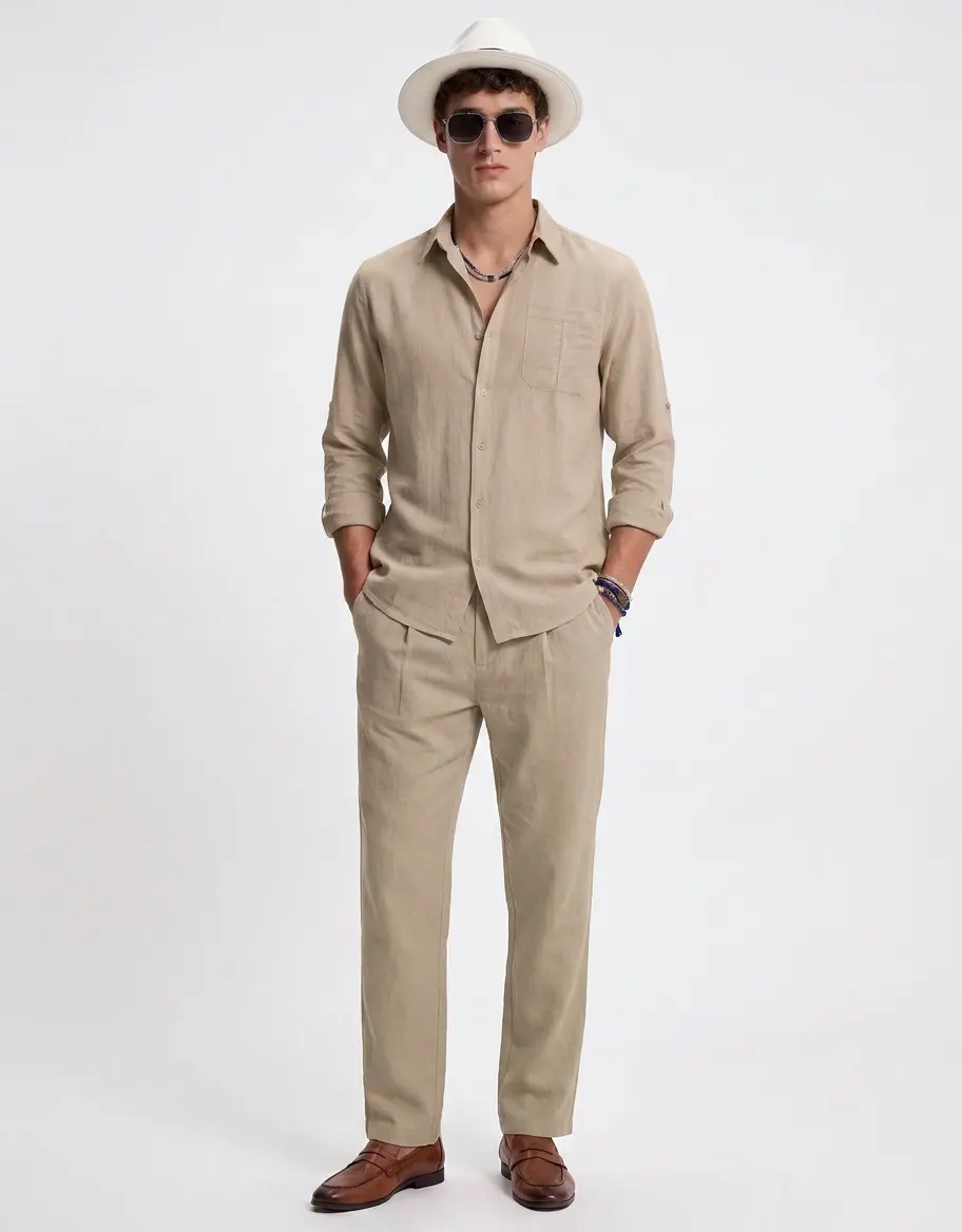 COOFANDY Men's two-piece linen casual long sleeved button down Cuban shirt and loose pants beach vacation set, summer outfit, men's pocket top, men's drawstring pants, men's comfortable two-piece set, casual vacation party set Menswear Overalls