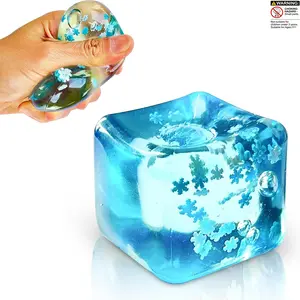Stress Balls Ice Cube with Snowflakes, Quiet Square Form Anxiousness Sensorial Squeezable Fidget Toy, Soothing for Children and Adults