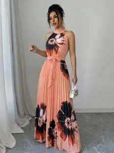 Elegant Chic Summer Floral Print Dress, Sleeveless Stand Collar Waist Belted, Loose Fit Long Dress for Holiday Parties, Women's Vacation Style Floral Evening Dress Floral Design Dress 2qs1039