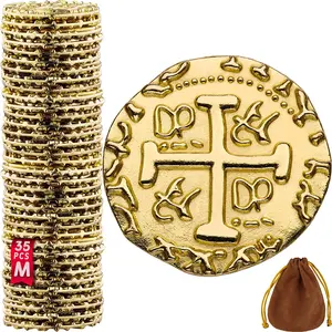 Leib Games Metal Pirate Coins - 35 Gold Treasure Coin Set, Metal Replica Spanish Doubloons for Pirate Party Decorations & Favors, Tokens, Toys, Cosplay - Pirate Treasure Chest, Size 7/8"