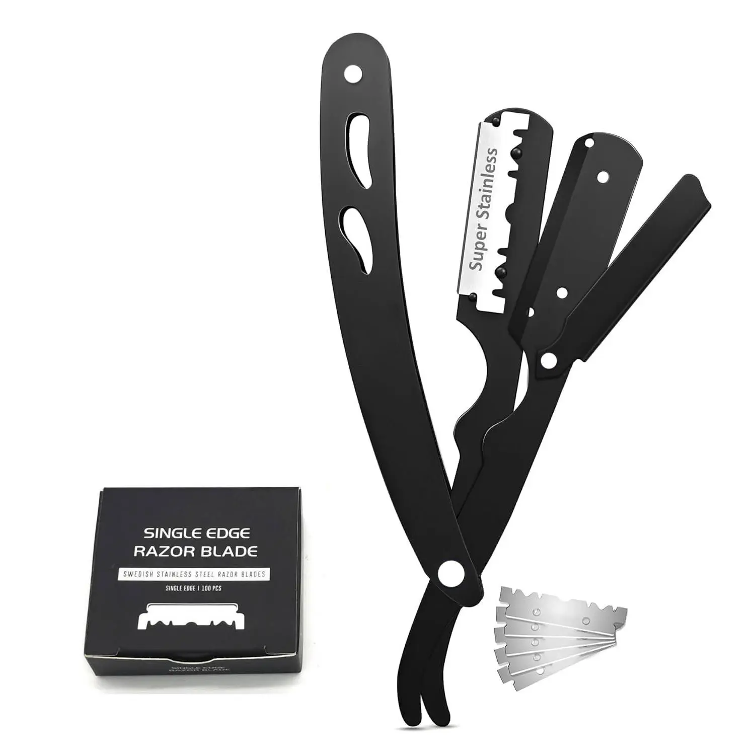 Professional Barber Straight Razor for Men – Black Straight Edge Razor with 100 Safety Blades Included