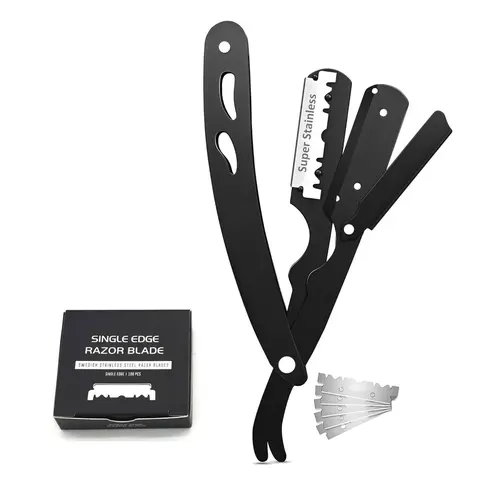 Straight Razor for Men, Professional Barber Razor, Black Straight Edge Shavette with 100 Safety Blades, Metal Shaving Razor for Beard, Hairline & Barber Shop Grooming