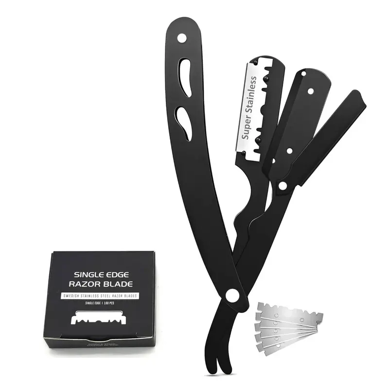 Straight Razor for Men, Professional Barber Razor, Black Straight Edge Shavette with 100 Safety Blades, Metal Shaving Razor for Beard, Hairline & Barber Shop Grooming