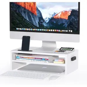 Monitor Stand Riser White, 2 Tiers Wood Monitor Riser Stand with Storage Organizer, Desktop Ergonomic Monitor Stand Riser with Cellphone Holder and Cable Management, 16.5 Inch Desk Shelf