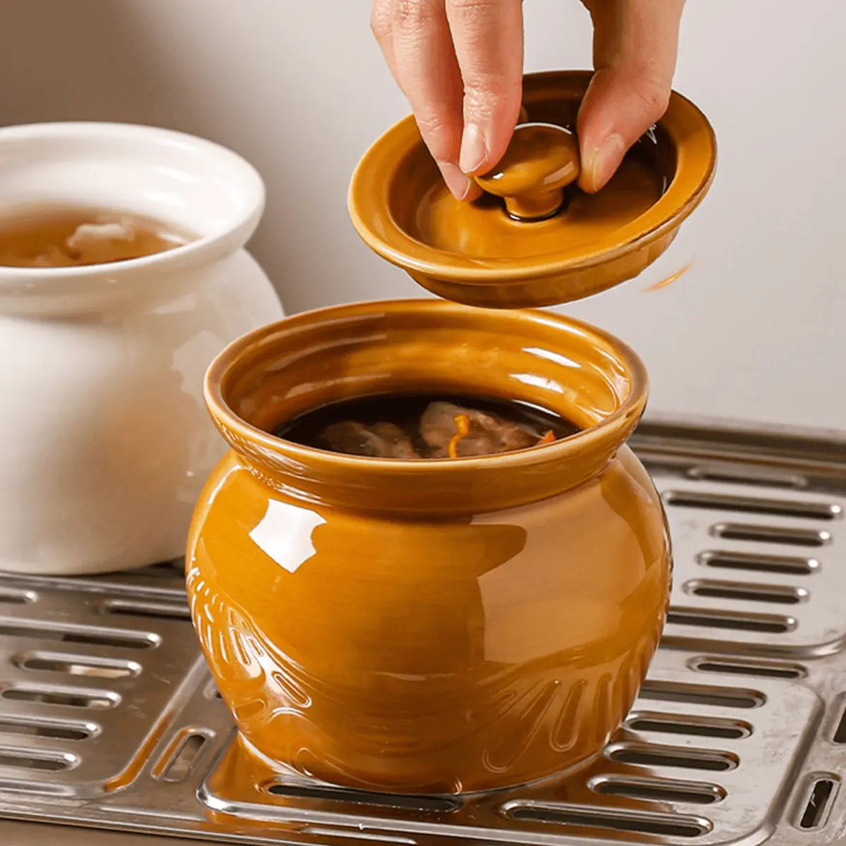 KAWASIMAYA Brown Ceramic Stew Pot 450ml with Lid Small Casserole Dish for Double Boiling Steaming Soup Bowl Individual Serving Cookware Moist Flavor Retention Kitchenware